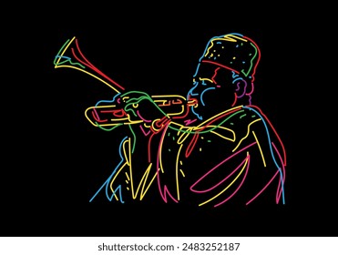 Jazz trumpet player neon sign vector illustration