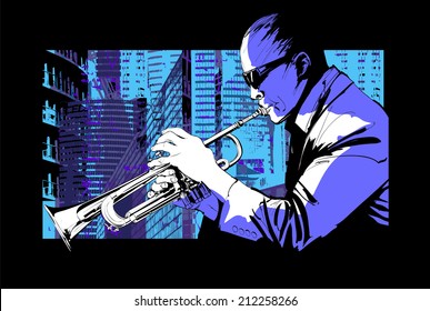 Jazz trumpet player over a city background - Vector illustration