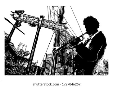 Jazz trumpet player over a cityscape background- vector illustration