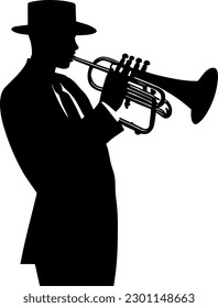 Jazz trumpet player silhouette. Jazzman in a hat and suit plays music on instrument.