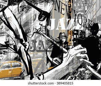 Artista de trompeta de jazz en una calle de Nueva York - Ilustración vectorial