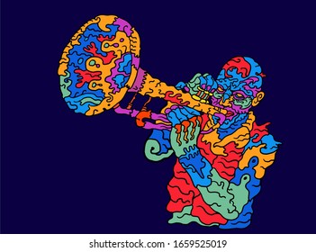 Jazz trumpet player. Vector illustration for jazz poster. Abstract psychedelic style