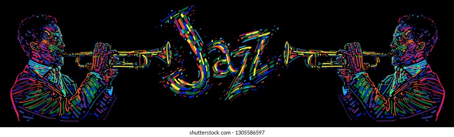 Jazz trumpet players with abstract jazz text. vector illustration for jazz festival. Music background