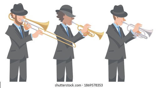 Jazz trumpet players in black suits and hats performing on isolated white background. Playing with trombone, trumpet, cornet. Vector illustration in flat cartoon style.