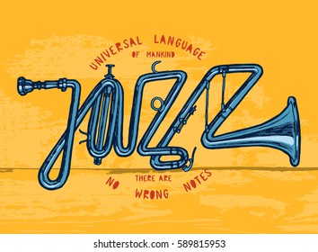 jazz trumpet print - jazz word made of trumpet - colorful t-shirt print.