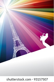 Jazz trumpeter in Paris on rainbow background. Vector illustration. Vector illustration. Music concept for poster, banner, billboard or web site. Jazz flyer with copy space. Card with place for text.