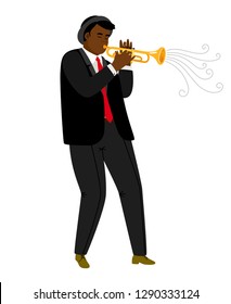 Jazz trumpeter playing on concert isolated on white. Jazz trumpeter african, musician man. Vector illustration