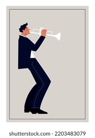Jazz trumpeter poster. Young guy in suit plays trumpet. Musicians perform on stage, play song, music. Creative personality, creativity and art. Festive and event. Cartoon flat vector illustration