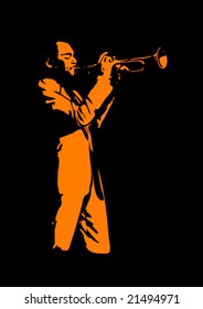 Jazz trumpeter, silhouette in black and orange