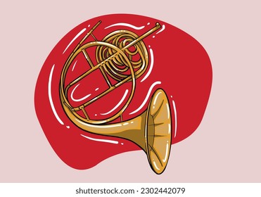 Jazz tuba colorful cartoon style. Hand drawn trumpet icon for blues and ragtime festival poster. Musical classical wind instrument.