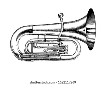 Jazz tuba in monochrome engraved vintage style. Hand drawn trumpet sketch for blues and ragtime festival poster. Musical classical wind instrument. 