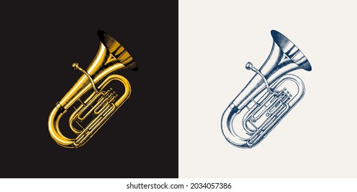 Jazz tuba in monochrome engraved vintage style. Hand drawn trumpet sketch for blues and ragtime festival poster. Musical classical wind instrument.