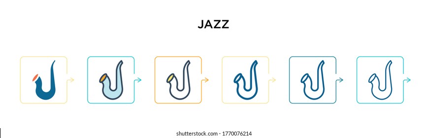 Jazz vector icon in 6 different modern styles. Black, two colored jazz icons designed in filled, outline, line and stroke style. Vector illustration can be used for web, mobile, ui