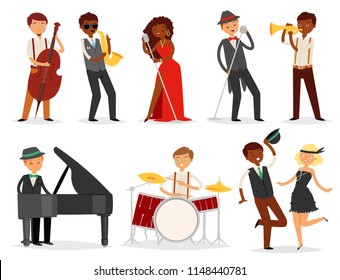 Jazz vector musician character playing on musical instruments saxophone drums and piano illustration music set of singer dancer saxophonist and drummer isolated on white background