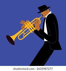 Jazz vector poster with a man in black suit playing the trumpet