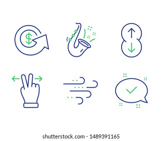 Jazz, Windy weather and Touchscreen gesture line icons set. Dollar exchange, Scroll down and Approved signs. Saxophone, Wind, Swipe. Money refund. Business set. Line jazz outline icons. Vector