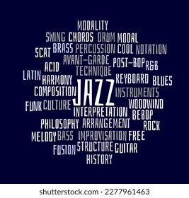 Jazz word cloud. Composition of words for key characteristics of jazz music. Isolated typography illustration. 