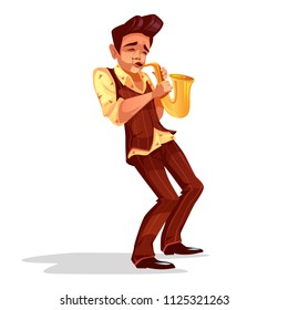 Jazzman with saxophone vector illustration of man playing jazz music or performing on musical stage in retro suit and shirt
