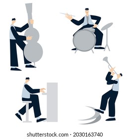 Jazzmen playing music instrument Jazz band Set of musicians Vector illustration Isolated on white background