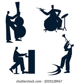 Jazzmen playing music instrument Set of musicians in silhouette Jazz band Vector illustration Isolated on white background