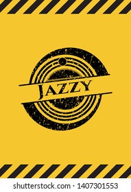 Jazzy black grunge emblem with yellow background. Vector Illustration. Detailed.