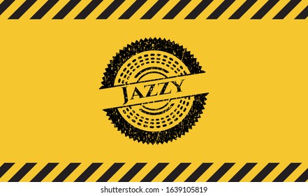 Jazzy black grunge emblem, yellow warning sign. Vector Illustration. Detailed.