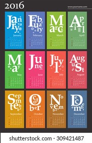 Jazzy calendar 2016 - multicolor vector template (for print, web - portrait orientation A3, week begins Sunday)