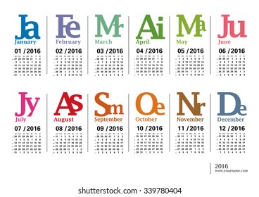 Jazzy calendar 2016: template design, weeks start on sunday, numbers of weeks