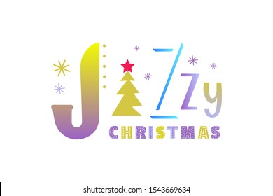 Jazzy Christmas holiday flat color vector sticker. Christmas Jazz music fancy lettering cartoon design element. Winter season holiday musical festival invitation advertisement background illustration