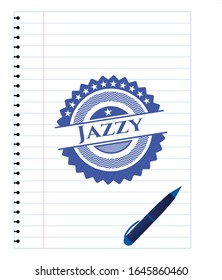 Jazzy emblem drawn with pen. Blue ink. Vector Illustration. Detailed.