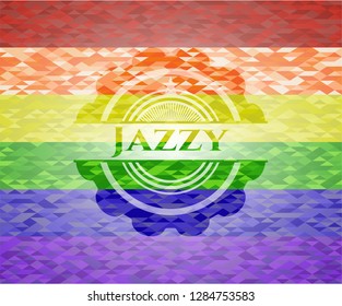 Jazzy emblem on mosaic background with the colors of the LGBT flag