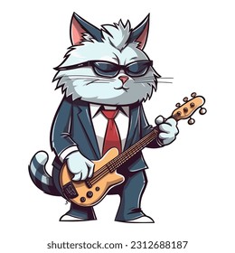 Jazzy Tuxedo Cat With Guitar In Hand Drawn Style