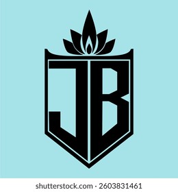 JB Logo featuring a minimalist design with a crown-like flower symbol on top, bold black elements, and a soft blue background, perfect for branding and modern visual identity.