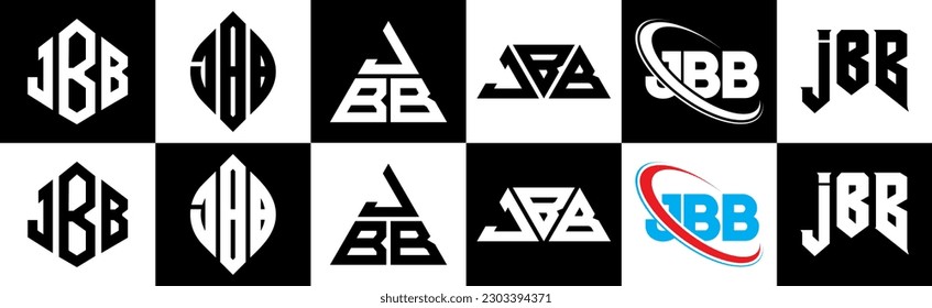 JBB letter logo design in six style. JBB polygon, circle, triangle, hexagon, flat and simple style with black and white color variation letter logo set in one artboard. JBB minimalist and classic logo