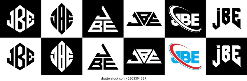 JBE letter logo design in six style. JBE polygon, circle, triangle, hexagon, flat and simple style with black and white color variation letter logo set in one artboard. JBE minimalist and classic logo