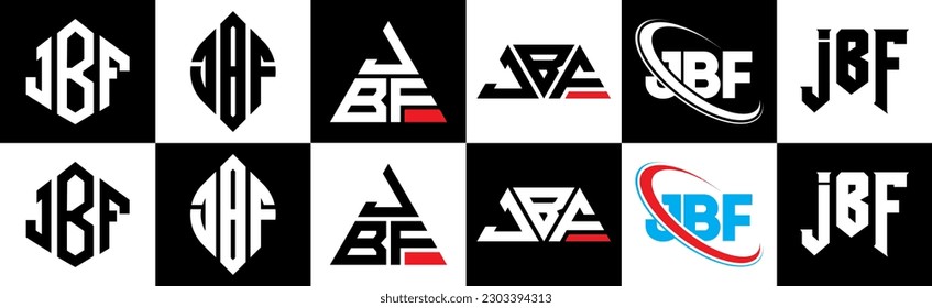 JBF-Brief-Logo-Design in sechs Stilrichtungen. JBF Polygon, Kreis, Dreieck, Hexagon, flacher und einfacher Stil mit schwarz-weißem Farbänderungslogo in einer Zeichenfläche. JBF-Logo minimalistisch und klassisch