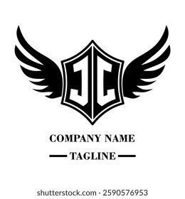 JC bold shield logo with wings, customizable with letters A to Z. Perfect for brands seeking a powerful symbol of strength, freedom, and ambition