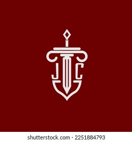 JC initial logo monogram design for legal lawyer vector image with sword and shield