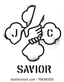 ''J.C. (Jesus Christ) Savior'' quote. God's hand saves man. Cross background. Urban spray graffiti stencil. 