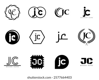 JC logo company template. Letter j and c logotype. Set different classic serif lettering and modern bold text with design elements. Initial font typography. Collection trendy business identity.