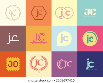JC logo company template. Letter j and c logotype. Set different classic serif lettering and modern bold text with design elements. Initial font typography. Collection trendy business identity.