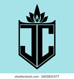 JC Logo featuring a minimalist design with a crown-like flower symbol on top, bold black elements, and a soft blue background, perfect for branding and modern visual identity.