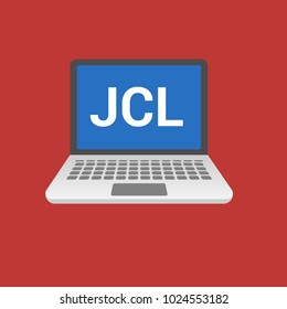 JCL programming language. Laptop flat design on red background