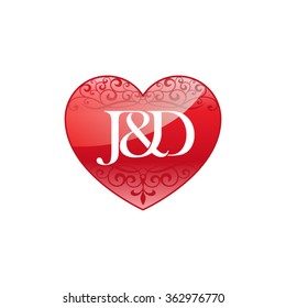 J&D initial letter couple logo with ornament heart shape