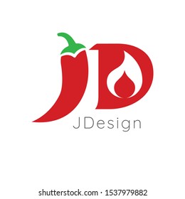 JD letters for hot chili pepper logo design with fire. Stock Vector illustration isolated on white background.