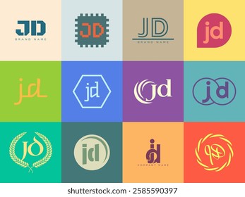 JD logo company template. Letter j and d logotype. Set different classic serif lettering and modern bold text with design elements. Initial font typography. Collection trendy business identity.