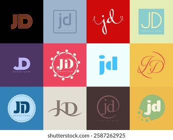 JD logo company template. Letter j and d logotype. Set different classic serif lettering and modern bold text with design elements. Initial font typography. Collection trendy business identity.