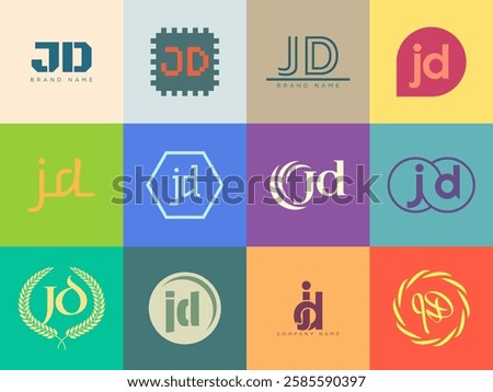 JD logo company template. Letter j and d logotype. Set different classic serif lettering and modern bold text with design elements. Initial font typography. Collection trendy business identity.