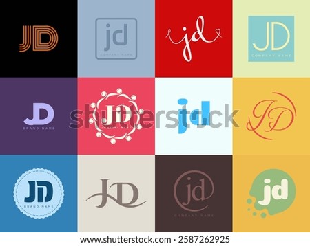 JD logo company template. Letter j and d logotype. Set different classic serif lettering and modern bold text with design elements. Initial font typography. Collection trendy business identity.