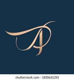 logotipo de monograma JD.Icono tipográfico con letra j de guión caligráfico y letra d. Icono de letra. Las iniciales de los alfabetos están aisladas en el fondo oscuro.Caracteres decorativos de señas elegantes con estilo de firma.